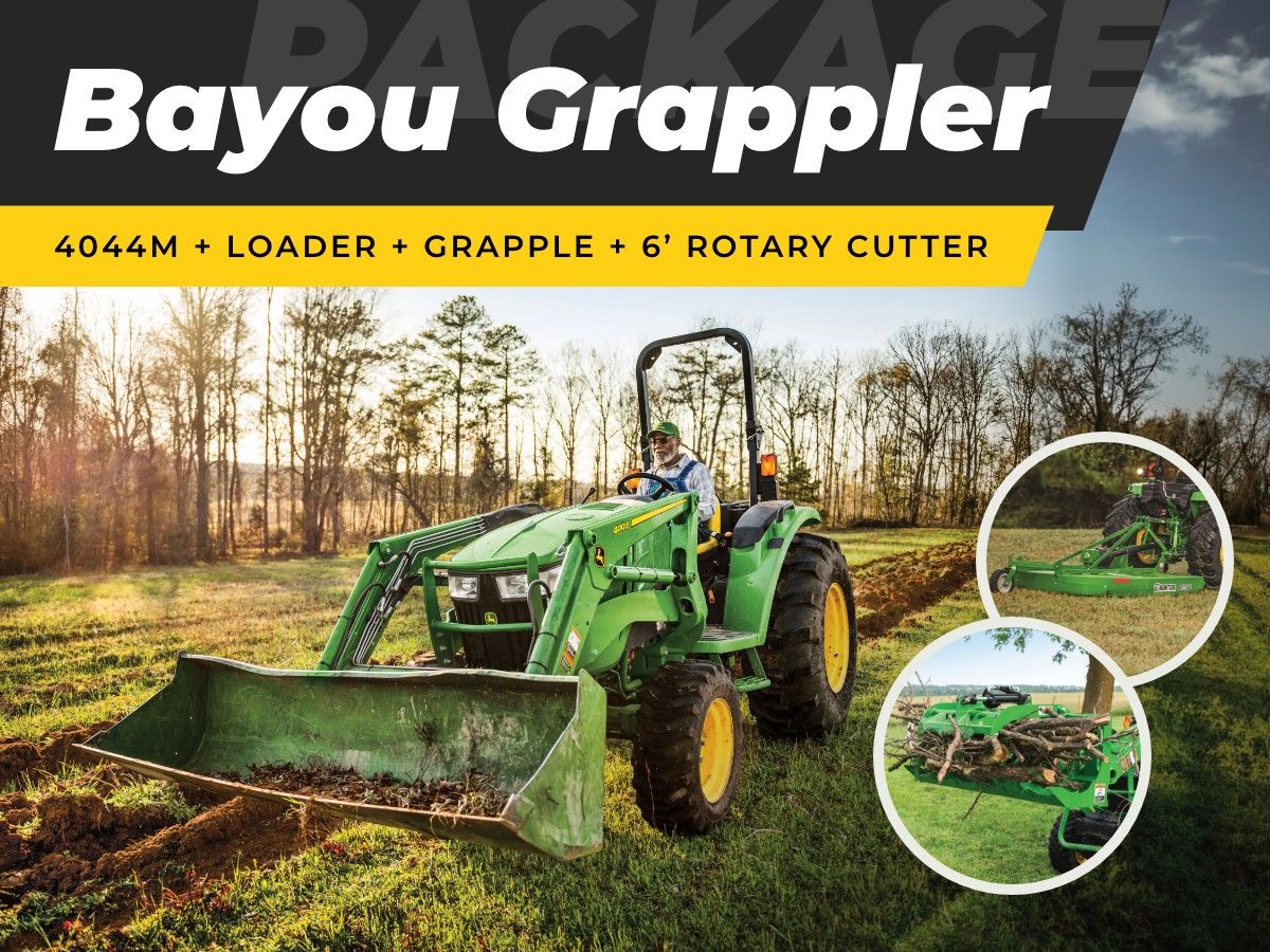 Bayou Grappler Package with a 4044M, loader, grapple, and 6-inch rotary cutter.